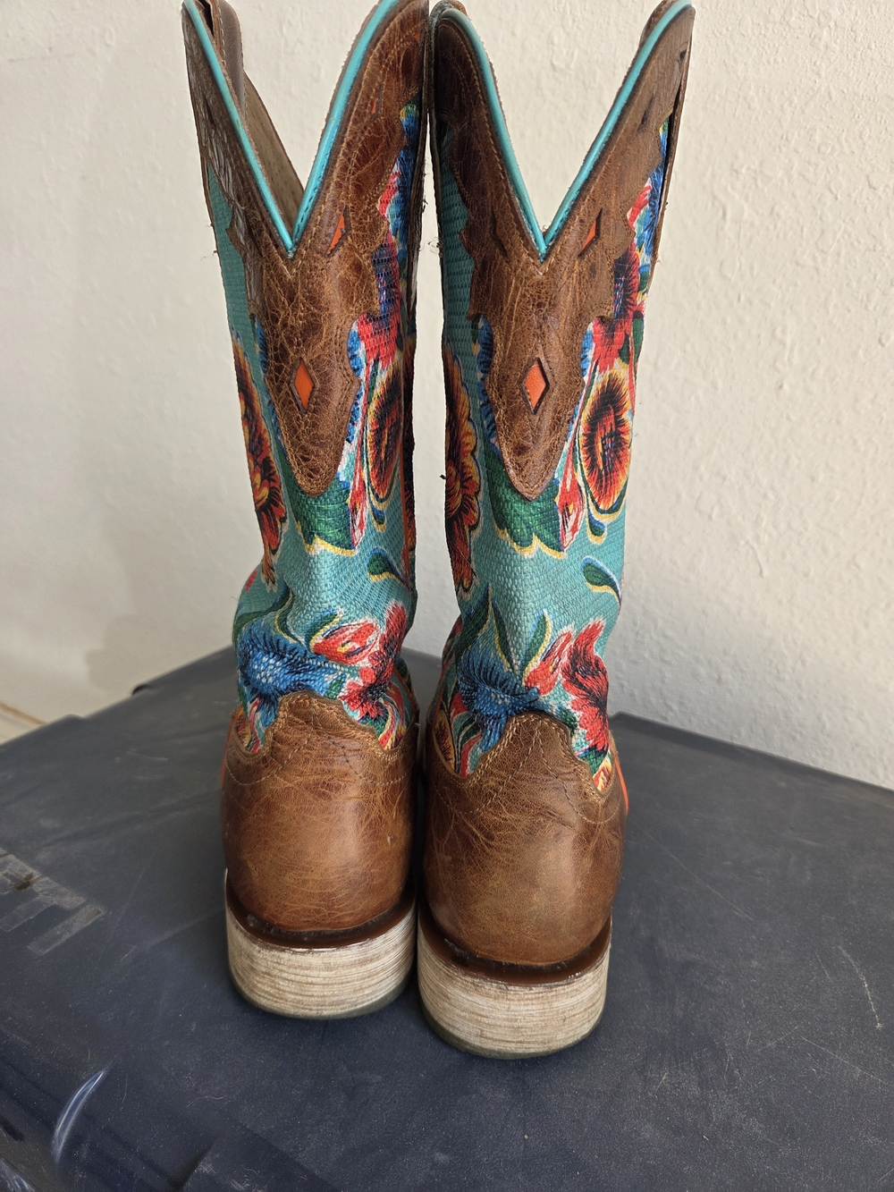 Ariat Brown Leather Wide Square Toe Boots with Turquoise Floral Shaft - Picture 10 of 14